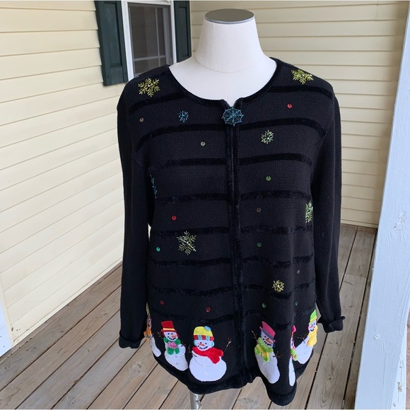 Quacker Factory Beaded Snowman Cardigan Sweater 1X Black Full Zip Snow Winter - Picture 1 of 10
